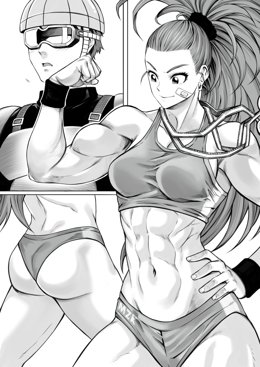 1boy 1girl abs ass bandaid bandaid_on_face blush breasts buruma captain_mizuki cowboy_shot earrings flexing glasses greyscale hand_on_hip helmet highres jewelry medal medium_breasts midriff monochrome mumen_rider muscle muscular_female navel one-punch_man pagong ponytail pose smile solo sports_bra sportswear tied_hair toned