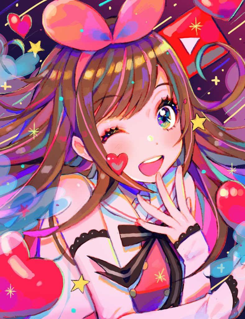 1girl 43_pon ;d a.i._channel bangs bare_shoulders blue_eyes blush brown_hair buttons detached_sleeves eyebrows_visible_through_hair hairband hand_up heart kizuna_ai long_hair long_sleeves multicolored multicolored_eyes multicolored_hair one_eye_closed open_mouth pink_hair pink_hairband ribbon round_teeth sailor_collar sleeves_past_wrists smile solo star streaked_hair swept_bangs teeth two-tone_hair virtual_youtuber white_sailor_collar yellow_eyes youtube youtube_logo