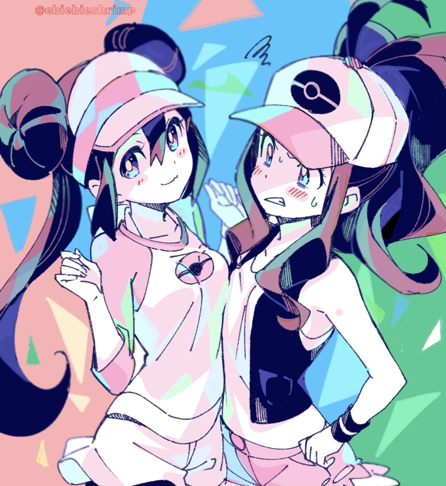 2girls :3 ahoge asymmetrical_docking baseball_cap blue_eyes blurry blush_stickers breast_envy breast_press breasts clenched_teeth cowboy_shot depth_of_field double_bun hair_between_eyes hat long_hair looking_at_another looking_at_viewer medium_breasts mei_(pokemon) miniskirt multiple_girls patterned_background poke_ball pokemon pokemon_(game) pokemon_bw pokemon_bw2 ponytail shirt short_shorts short_sleeves shorts shorts_under_skirt shuri_(84k) sidelocks skirt sleeveless small_breasts squiggle sweatdrop t-shirt teeth touko_(pokemon) twintails twitter_username vest wristband