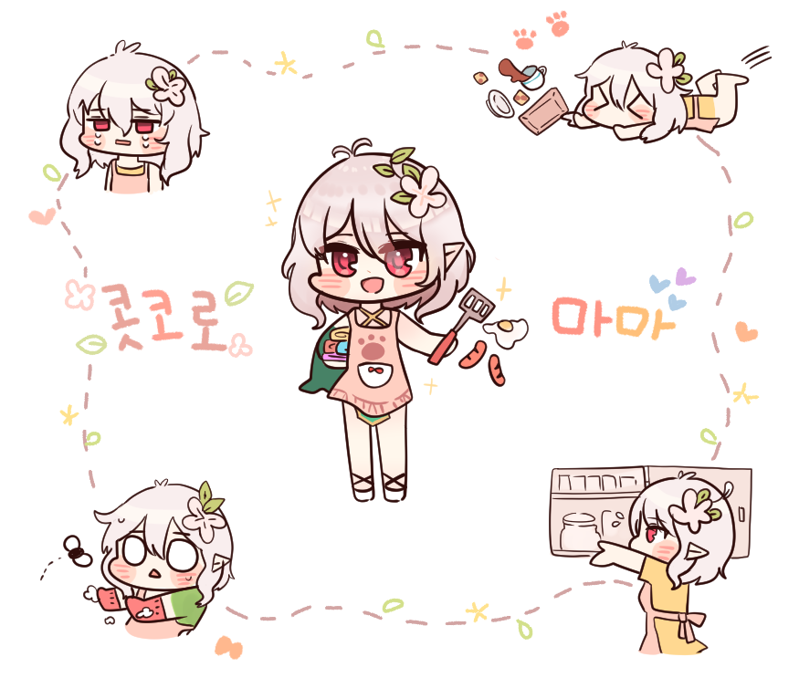 &gt;_&lt; apron bug cookie crying cup flower food fried_egg gloves hair_flower hair_ornament kokkoro_(princess_connect!) korean_text laundry o_o princess_connect! princess_connect!_re:dive red_eyes rubber_gloves sausage silver_hair smile spatula sweatdrop teacup tears tray