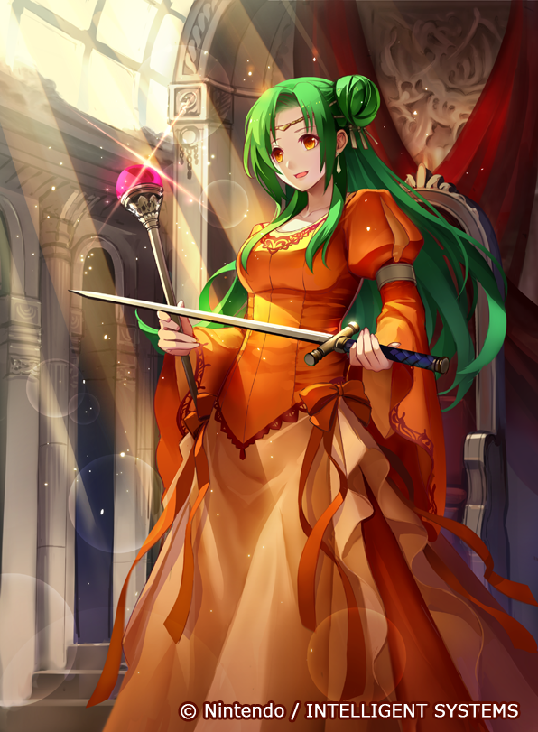 1girl breasts brown_eyes collarbone commentary_request company_connection copyright_name day dress elincia_ridell_crimea fire_emblem fire_emblem:_path_of_radiance fire_emblem:_souen_no_kiseki fire_emblem_cipher green_eyes hair_bun holding indoors intelligent_systems jewelry konfuzikokon light_particles light_rays long_dress long_hair long_sleeves medium_breasts nintendo official_art open_mouth orange_dress puffy_sleeves queen shiny shiny_hair smile staff sword tied_hair weapon wide_sleeves