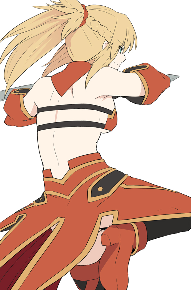 1girl bare_shoulders blonde_hair braid breasts commentary_request detached_sleeves eyebrows_visible_through_hair fate/grand_order fate_(series) from_behind green_eyes hair_ornament hair_scrunchie long_hair mordred_(fate) mordred_(fate)_(all) ponytail red_footwear red_scrunchie red_sleeves scrunchie shiseki_hirame simple_background smile solo white_background