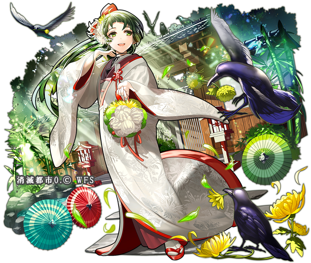 1girl architecture bamboo bird bouquet bow crow day east_asian_architecture flower full_body green_eyes green_hair hair_bow japanese_clothes kimono koi long_hair mouth_hold official_art open_mouth oriental_umbrella original outdoors plant red_footwear smile solo standing sunlight tenryou_sena umbrella very_long_hair white_kimono white_legwear wide_sleeves