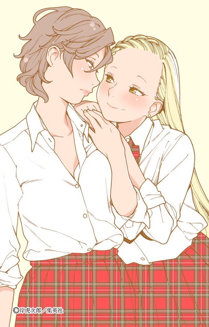 2girls blonde_hair blush brown_hair buttons collarbone collared_shirt commentary_request earrings face-to-face hand_on_another's_shoulder holding_hand jewelry kishi_torajirou long_hair looking_at_another multiple_girls official_art otome_no_teikoku partially_unbuttoned plaid plaid_neckwear plaid_skirt red_skirt school_uniform shirt short_hair skirt sleeves_rolled_up smile straight_hair wavy_hair white_shirt yellow_background yellow_eyes yuri