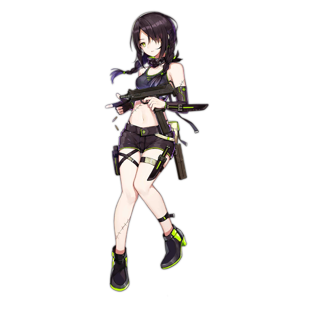 1girl ankle_boots arm_sheath bandana belt_pouch black_gloves black_hair boots braid bullet crop_top elbow_gloves finger_gun finger_on_trigger girls_frontline gloves green_eyes green_trim gun hair_over_one_eye highleg highleg_panties knife_holster long_hair looking_at_viewer mac-10 mac-10_(girls_frontline) magazine_(weapon) official_art panties parted_lips pouch sa_(h28085) sheath short_shorts short_twintails shorts solo stitches submachine_gun thigh_strap transparent_background twin_braids twintails underwear weapon