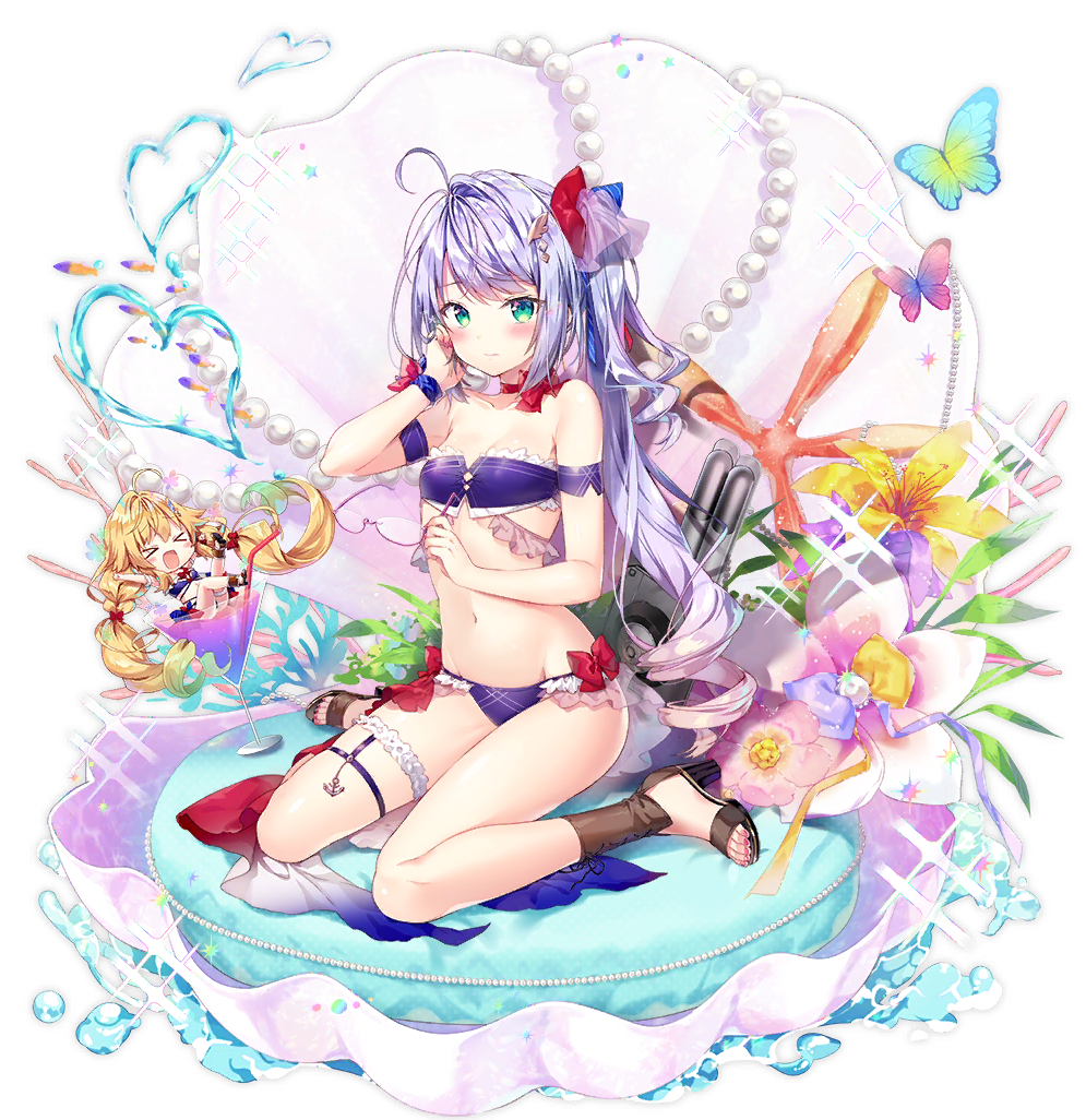 2girls :d :o ^_^ ahoge alternate_costume armband azur_lane bandeau bangs bare_shoulders bikini blonde_hair blush bow_bikini braid breasts bug butterfly choker closed_eyes closed_mouth collarbone cup curly_hair eyebrows_visible_through_hair eyewear_removed flower frilled_bikini frills full_body glasses gradient_hair green_eyes groin hair_ornament hair_ribbon hairclip hand_on_own_cheek high_heels holding holding_eyewear insect l'opiniatre_(azur_lane) le_temeraire_(azur_lane) logo long_hair looking_at_viewer multicolored_hair multiple_girls navel official_art open_mouth pearl_(gemstone) pink_hair purple_bikini purple_hair red_ribbon ribbon riichu sandals sidelocks sitting skindentation small_breasts smile stomach strapless strapless_bikini swimsuit thigh_strap toenail_polish torpedo_launcher transparent_background twin_braids very_long_hair wariza