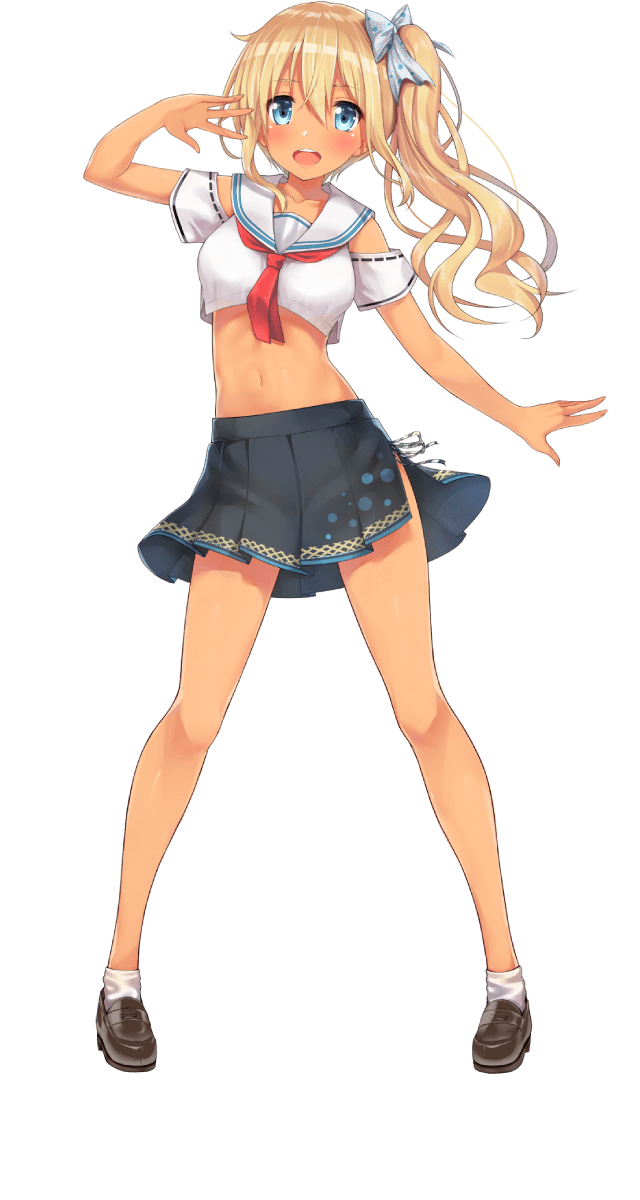 1girl :d bare_arms bare_legs black_skirt blonde_hair blue_eyes blush bow breasts brown_footwear collarbone crop_top crop_top_overhang full_body go-1 hair_between_eyes hair_bow hand_up highres kamogawa_marin loafers long_hair looking_at_viewer medium_breasts midriff miniskirt navel neckerchief official_art onsen_musume open_mouth pleated_skirt red_neckwear sailor_collar shirt shoes side_ponytail skirt smile socks solo standing stomach tan thighs transparent_background white_legwear white_sailor_collar white_shirt