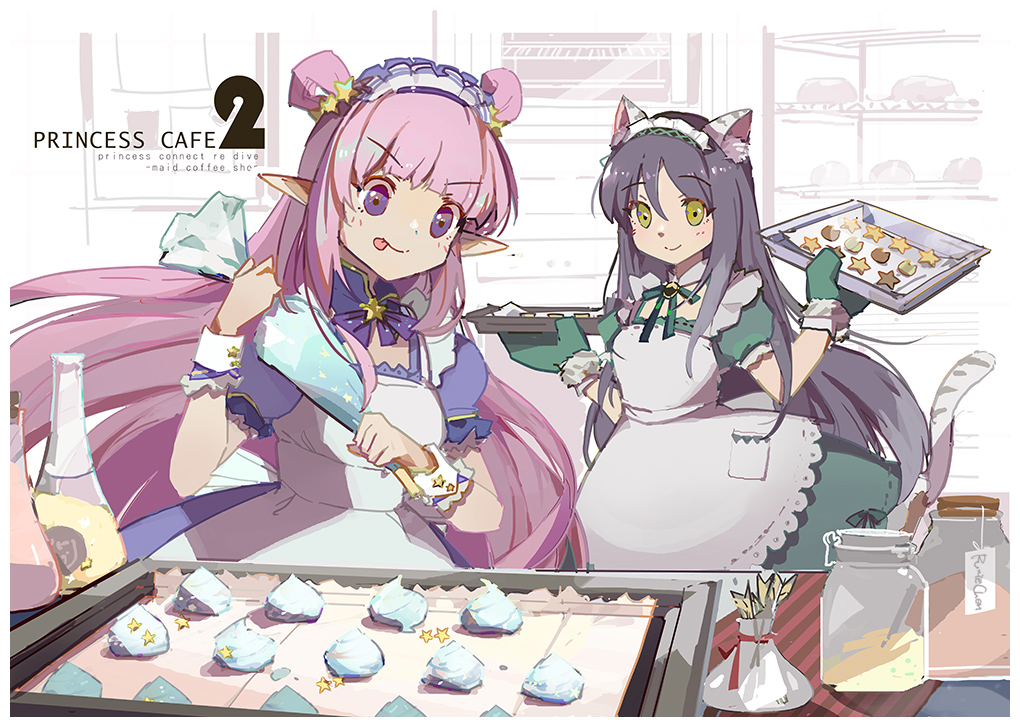 2girls :p animal_ears apron baking_sheet bangs black_hair blue_dress blush brown_eyes closed_mouth commentary_request cookie copyright_name dress english_text eyebrows_visible_through_hair food green_dress hair_between_eyes hair_ornament head_tilt holding indoors kashiwazaki_hatsune kashiwazaki_shiori long_hair maid maid_apron maid_headdress multiple_girls oven_mitts pastry_bag pink_hair pointy_ears princess_connect! princess_connect!_re:dive puffy_short_sleeves puffy_sleeves shadowsinking short_sleeves siblings sisters smile star star_hair_ornament tail tiger_ears tiger_girl tiger_tail tongue tongue_out two_side_up v-shaped_eyebrows very_long_hair violet_eyes white_apron