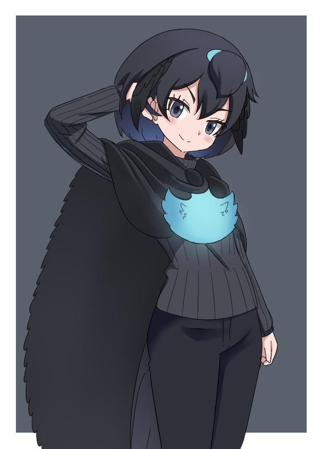 1girl arm_at_side bangs black_background black_cape black_eyes black_hair black_pants border cape greater_lophorina_(kemono_friends) grey_shirt hair_flip hand_in_hair hand_up head_wings ilyfon133 kemono_friends looking_at_viewer medium_hair pants ribbed_shirt shirt simple_background smile solo tail