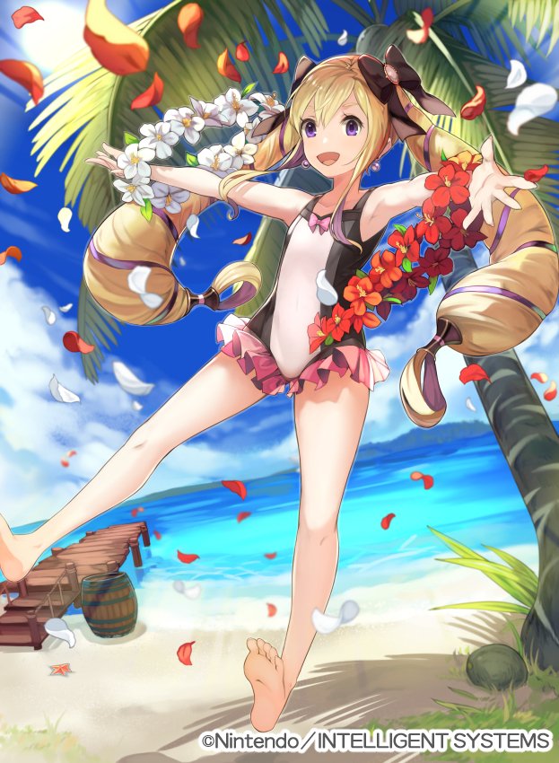 1girl bangs blonde_hair blue_sky clouds cloudy_sky commentary_request company_name copyright_name cute day elise_(fire_emblem_if) fire_emblem fire_emblem_cipher fire_emblem_heroes fire_emblem_if flower intelligent_systems kurosawa_tetsu loli long_hair nintendo ocean official_art one-piece_swimsuit open_mouth outdoors palm_leaf palm_tree petals sky smile solo super_smash_bros. swimsuit tree violet_eyes water