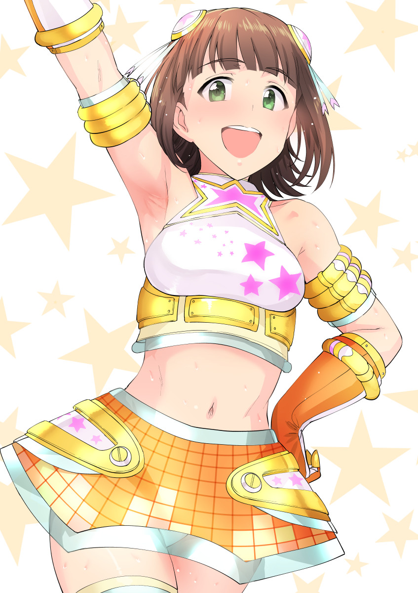 1girl :d amami_haruka arm_strap arm_up armpits bangs brown_hair cowboy_shot crop_top eyebrows_visible_through_hair gloves green_eyes hand_on_hip highres idolmaster idolmaster_(classic) looking_at_viewer midriff miniskirt navel open_mouth orange_gloves short_hair skirt smile solo standing star starry_background stomach sweat thigh-highs tsurui white_legwear yellow_skirt zettai_ryouiki