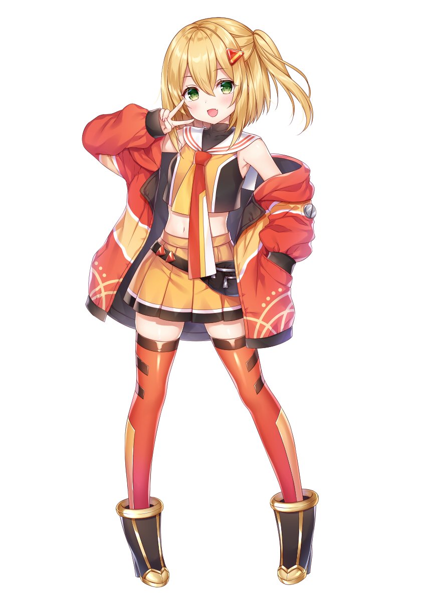 1girl :d bangs bare_shoulders black_footwear blonde_hair boots breasts character_request commentary_request crop_top eyebrows_visible_through_hair fang full_body hair_between_eyes hair_ornament hairclip high_heel_boots high_heels highres jacket long_sleeves looking_at_viewer midriff mitsuba_choco navel off_shoulder one_side_up onsen_musume open_clothes open_jacket open_mouth orange_shirt orange_skirt pigeon-toed pleated_skirt puffy_long_sleeves puffy_sleeves red_jacket red_legwear red_neckwear sailor_collar shirt simple_background skirt sleeves_past_wrists small_breasts smile solo standing thigh-highs v white_background white_sailor_collar