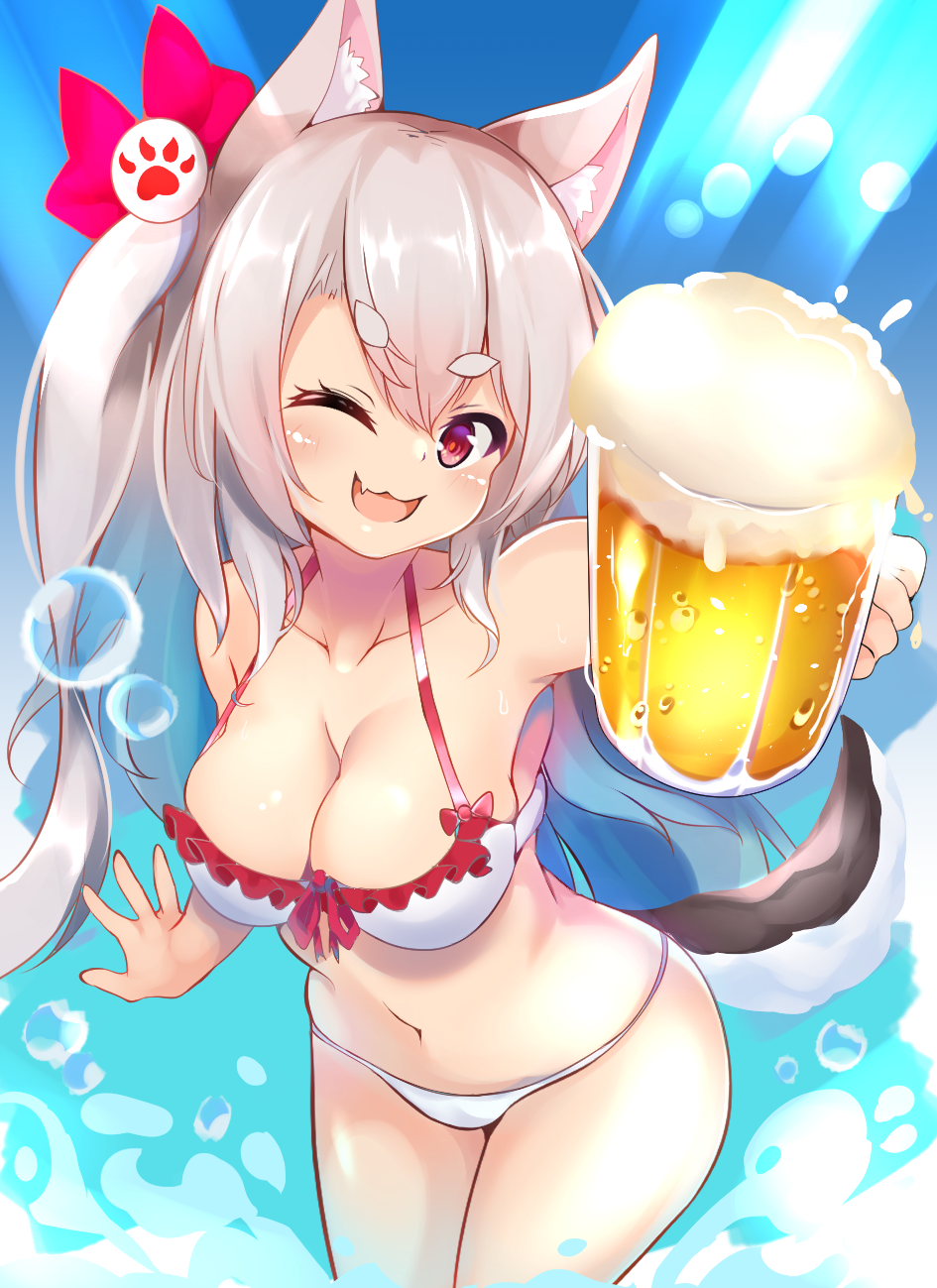 1girl alcohol animal_ears azur_lane beer bikini breasts fang hair_ornament highres large_breasts moneko1107 navel one_side_up red_eyes short_eyebrows silver_hair solo swimsuit tail thick_eyebrows wolf_ears wolf_girl wolf_tail yuudachi_(azur_lane)