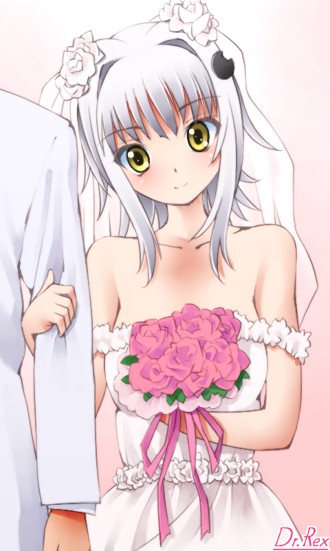 1girl blush bouquet bridal_veil closed_mouth commentary_request dr_rex dress flower hair_flower hair_intakes hair_ornament head_tilt high_school_dxd holding holding_bouquet jacket long_hair long_sleeves pink_flower pink_ribbon pink_rose ribbon rose see-through silver_hair smile solo_focus strapless strapless_dress toujou_koneko veil wedding_dress white_dress white_flower white_jacket white_rose