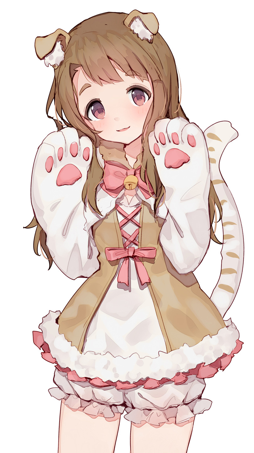 1girl animal_ear_fluff animal_ears bell bloomers blush bow bowtie brown_eyes brown_hair cowboy_shot eyebrows_visible_through_hair fur-trimmed_dress fur_trim gloves hands_up highres idolmaster idolmaster_million_live! jingle_bell long_hair looking_at_viewer miyao_miya neck_bell parted_lips paw_gloves paws pink_hair shone simple_background smile solo tail underwear white_background