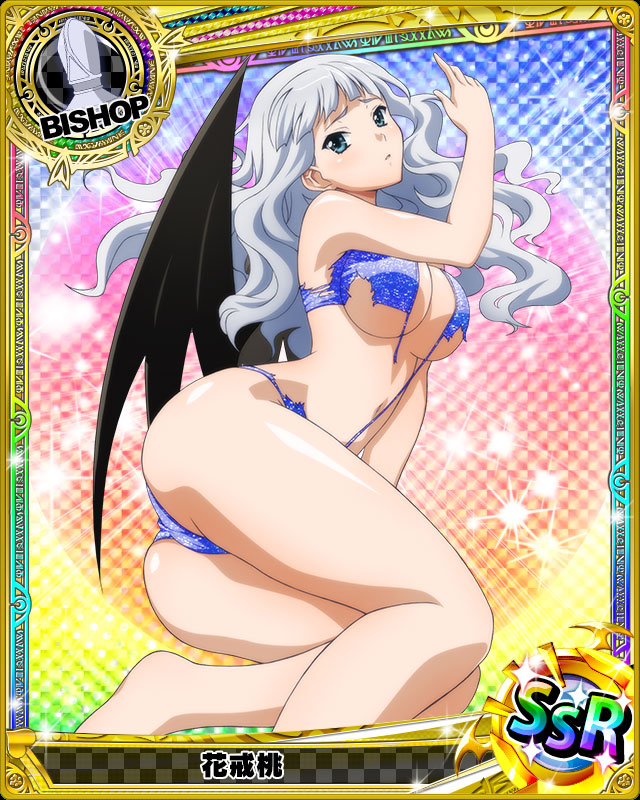 1girl aqua_eyes ass barefoot bishop_(chess) breasts card_(medium) character_name chess_piece demon_wings hanakai_momo high_school_dxd large_breasts long_hair looking_at_viewer navel official_art parted_lips silver_hair solo swimsuit thighs torn_clothes trading_card wavy_hair wings