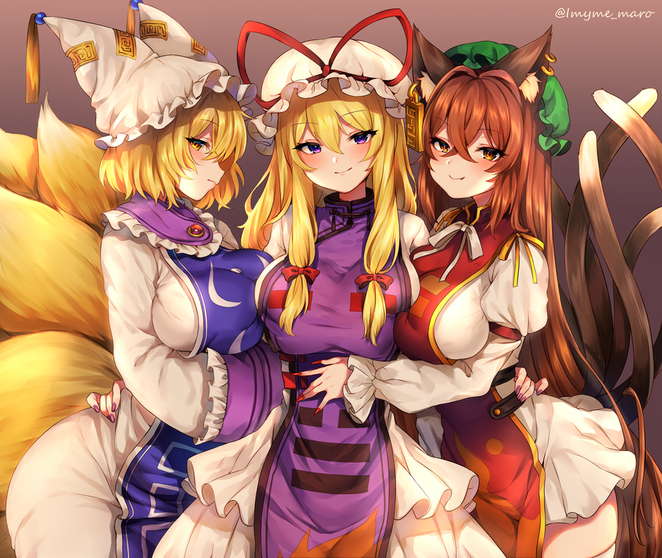 3girls animal_ear_fluff animal_ears artist_name bangs blonde_hair bow breasts brown_background brown_eyes brown_hair cat_ears cat_tail chen commentary_request cowboy_shot dress eyebrows_visible_through_hair fang fang_out fingernails fox_tail frilled_shirt_collar frilled_sleeves frills from_side gradient gradient_background group_hug hair_between_eyes hair_bow hair_intakes hat hat_ribbon hug juliet_sleeves large_breasts long_sleeves looking_at_viewer marota mob_cap multiple_girls multiple_tails nail_polish neck_ribbon ofuda older pillow_hat profile puffy_sleeves purple_nails red_bow red_nails red_ribbon ribbon sharp_fingernails short_hair sidelocks standing tabard tail touhou twitter_username violet_eyes white_dress white_headwear white_neckwear white_ribbon wide_sleeves yakumo_ran yakumo_yukari yellow_eyes yellow_ribbon