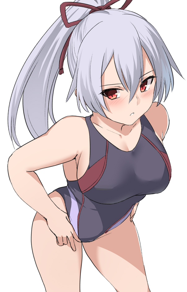 1girl bare_arms bare_legs bare_shoulders blue_swimsuit blush breasts character_request collarbone commentary_request fate/grand_order fate_(series) grey_hair hair_between_eyes hair_ribbon large_breasts ponytail red_eyes red_ribbon ribbon shiseki_hirame simple_background solo swimsuit white_background
