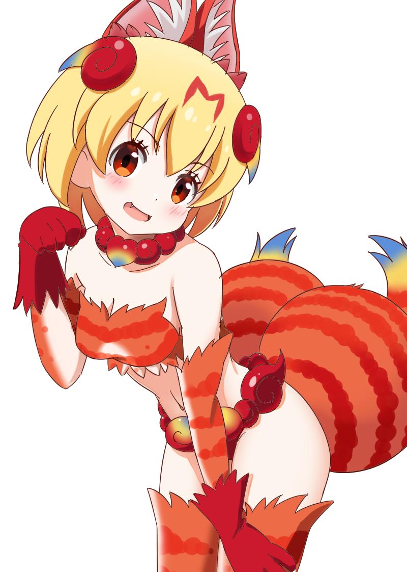 1girl :d animal_ear_fluff animal_ears bare_shoulders blonde_hair breasts elbow_gloves extra_ears eyebrows_visible_through_hair fang gloves hand_on_own_knee hand_up head_tilt ilyfon133 jewelry kemono_friends leaning_forward looking_at_viewer medium_breasts multiple_tails navel necklace open_mouth paw_pose pearl_necklace red_eyes serval_(kemono_friends) serval_ears shiserval_lefty short_hair simple_background smile solo stomach tail thigh-highs two_tails white_background