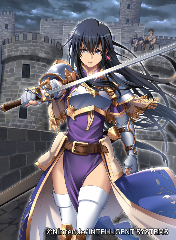 1girl aira_(fire_emblem) armor bangs belt black_hair breastplate company_name copyright_name dress fingerless_gloves fire_emblem fire_emblem:_seisen_no_keifu fire_emblem_cipher gloves holding holding_sword holding_weapon i-la long_hair purple_dress shiny shiny_hair shoulder_armor sword violet_eyes weapon