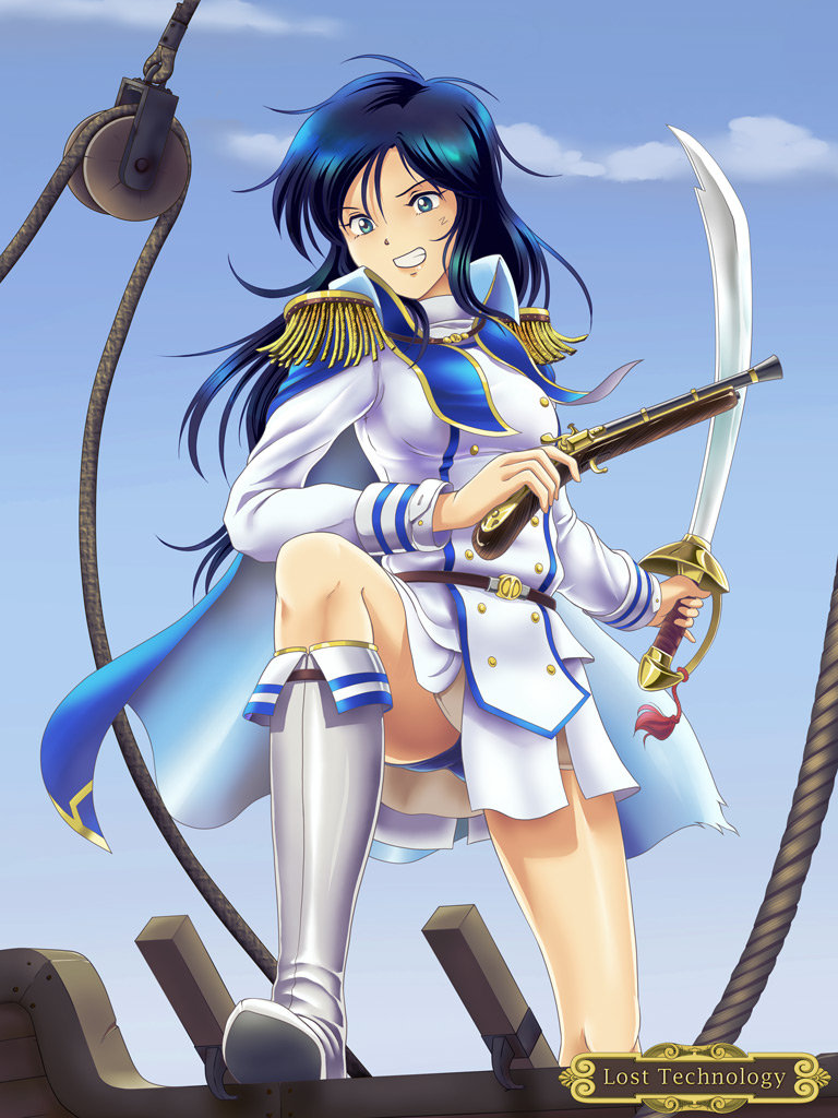 1girl belt blue_cape blue_eyes blue_hair blue_panties blue_sky boots brown_belt cape character_request clenched_teeth clouds day dress floating_hair gun holding holding_gun holding_sword holding_weapon knee_boots long_hair outdoors panties pantyshot pirate pulley saber_(weapon) shiny shiny_footwear shiny_hair shiny_skin short_dress sky solo standing sword tamanegiinyo teeth underwear weapon white_dress white_footwear