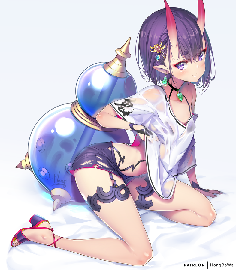 1girl arm_support artist_name breasts choker cross-laced_footwear earrings fate/grand_order fate_(series) garter_straps gourd hair_ornament high_heels hong_(white_spider) jewelry looking_at_viewer oni_horns open_toe_shoes patreon_username purple_hair short_hair shuten_douji_(fate/grand_order) simple_background small_breasts smile solo translucent_shirt violet_eyes white_background