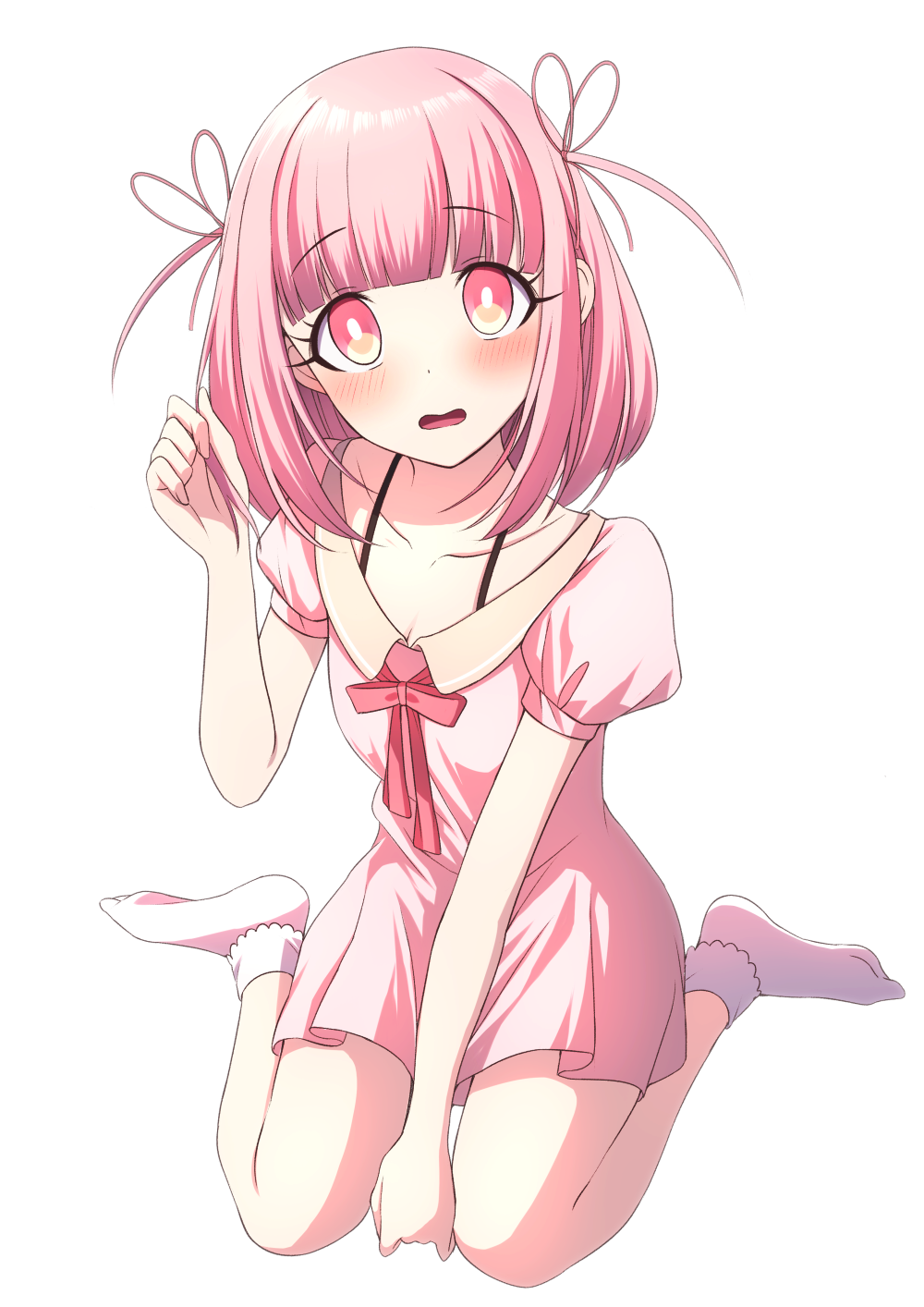 1girl arm_up bangs between_legs blunt_bangs blush bobby_socks bra_strap bright_pupils collarbone commentary_request dress hair_ribbon hand_between_legs hand_in_hair head_tilt highres looking_at_viewer open_mouth original pink_dress pink_eyes pink_hair pink_ribbon puffy_short_sleeves puffy_sleeves ribbon short_dress short_sleeves sitting socks solo tsukimirin twintails wariza white_legwear white_pupils