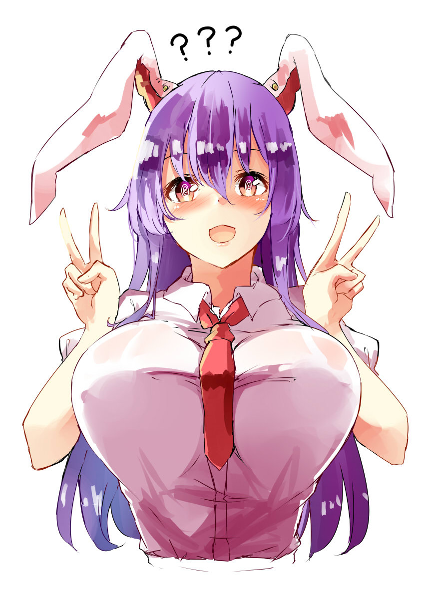 1girl ? @_@ animal_ears between_breasts blush breasts commentary_request deetamu double_v eyebrows_behind_hair highres large_breasts long_hair looking_at_viewer necktie necktie_between_breasts open_mouth purple_hair rabbit_ears reisen_udongein_inaba shirt short_sleeves simple_background solo touhou upper_body v violet_eyes white_background