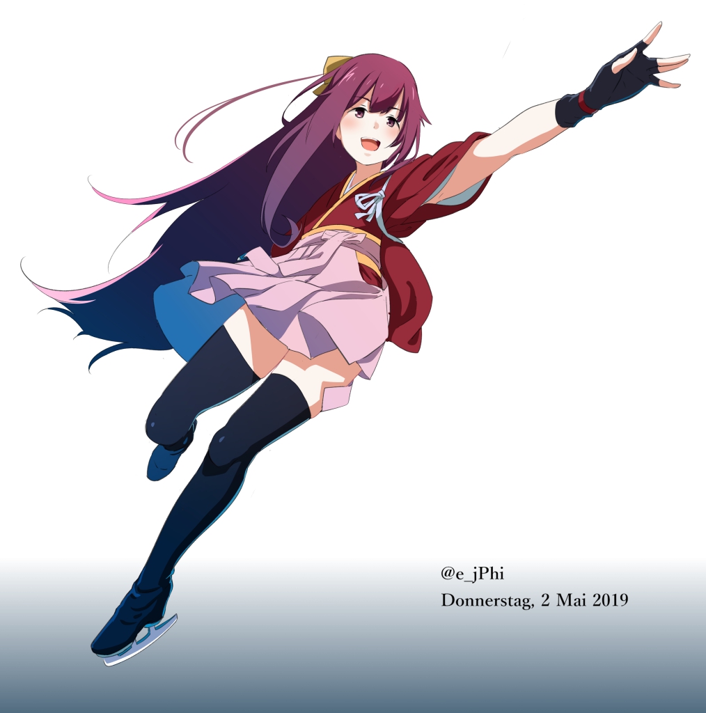 1girl black_legwear boots fingerless_gloves floating_hair gloves ice_skating japanese_clothes kamikaze_(kantai_collection) kantai_collection latex latex_legwear looking_away open_mouth purple_hair skating skirt thigh-highs thigh_boots vi3r6ein wind wind_lift yellow_eyes