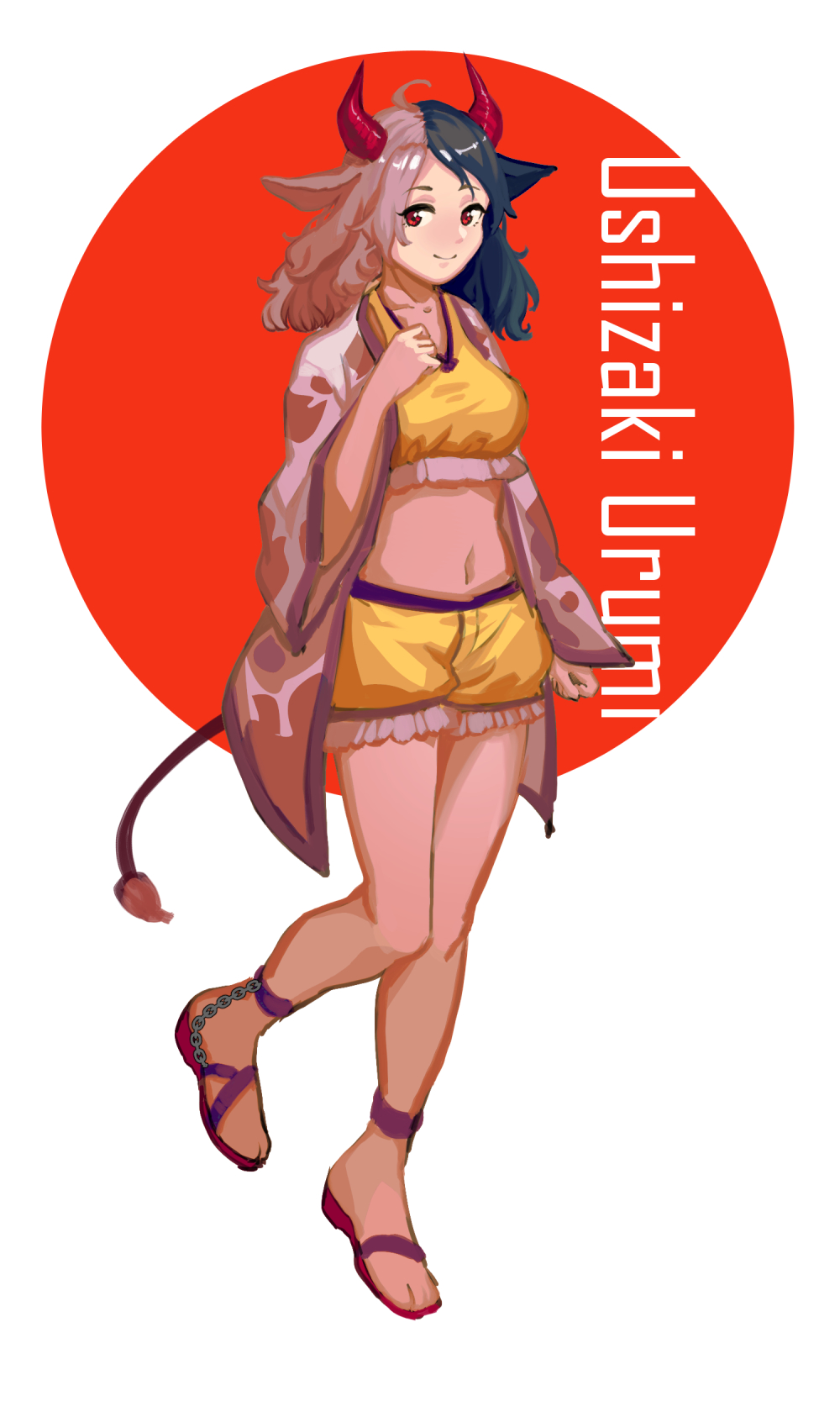 1girl ahoge animal_ears animal_print bangs black_hair breasts character_name collarbone cow_ears cow_horns cow_print cow_tail crop_top furahata_gen grey_hair halter_top halterneck hand_on_own_chest haori highres horns japanese_clothes leg_lift looking_at_viewer medium_breasts midriff multicolored_hair navel parted_bangs red_background red_eyes sandals shirt smile solo standing standing_on_one_leg tail touhou two-tone_background two-tone_hair ushizaki_urumi white_background yellow_shirt