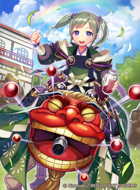 1girl bandages bottle clouds cloudy_sky fire_emblem fire_emblem_cipher fire_emblem_if green_hair leaf matsurika_youko midoriko_(fire_emblem_if) official_art open_mouth puppet rainbow rock sitting sky solo sparkle teeth tree twintails violet_eyes