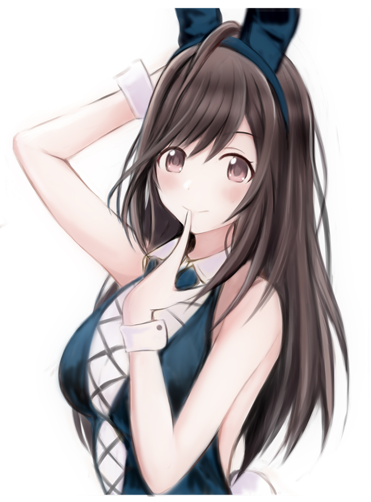 1girl animal_ears arm_up armpits bare_arms bare_shoulders black_hair breasts brown_eyes bunny_tail closed_mouth fake_animal_ears fake_tail finger_to_mouth hairband hand_up idolmaster idolmaster_shiny_colors index_finger_raised large_breasts leotard long_hair looking_at_viewer nannacy7 rabbit_ears simple_background smile solo tail tsukioka_kogane upper_body white_background wing_collar wrist_cuffs