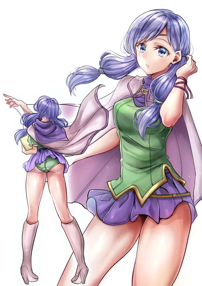 1girl ass blue_eyes book boots cape circlet fire_emblem fire_emblem:_souen_no_kiseki green_panties hand_in_hair high_heel_boots high_heels highres holding holding_book ilyana long_hair low-tied_long_hair miniskirt multiple_views open_mouth panties pantyshot pantyshot_(standing) purple_hair purple_skirt shiny shiny_hair simple_background skirt solo standing thigh-highs thighs underwear white_background yui_(msy1302mana) zettai_ryouiki