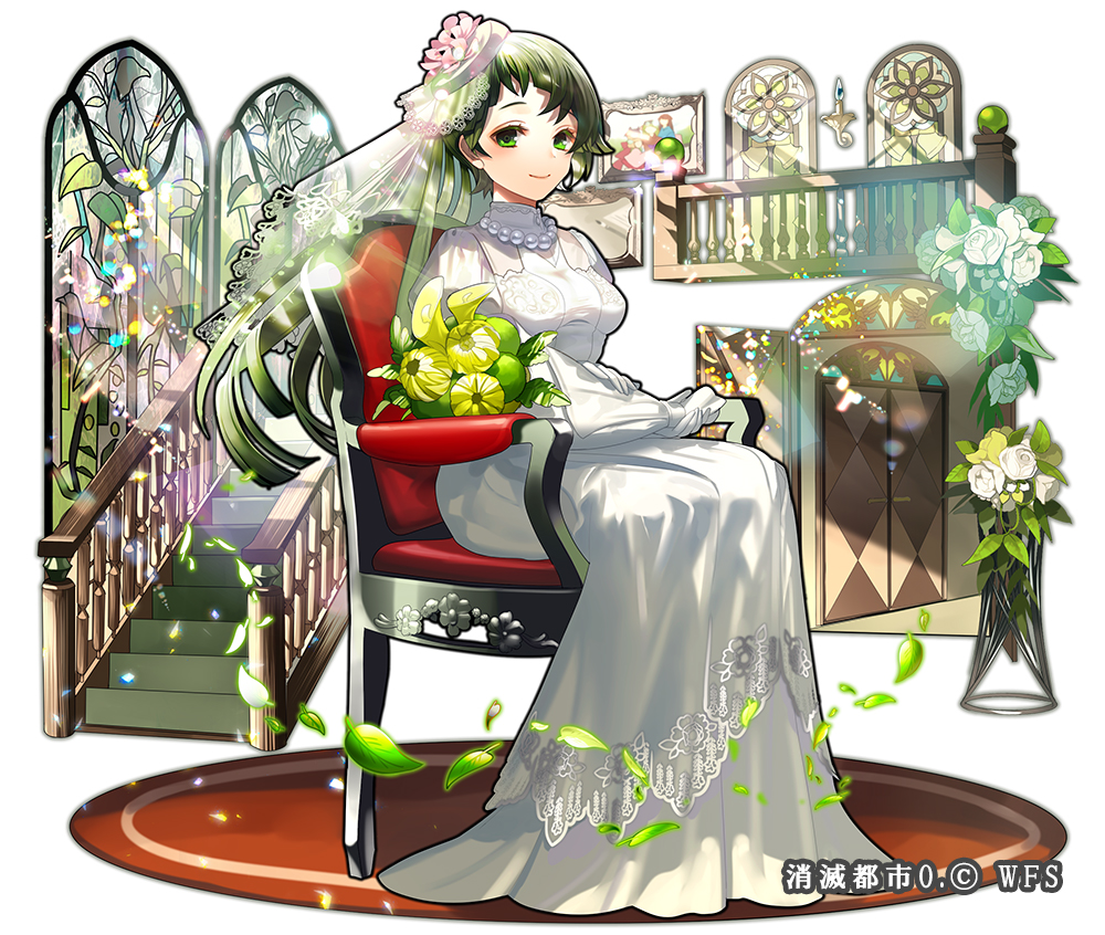 1girl bouquet bride chair dress flower full_body gloves green_eyes hair_flower hair_ornament indoors leaf light_smile long_hair looking_at_viewer official_art painting_(object) shoumetsu_toshi_2 sitting solo stained_glass stairs sunlight tenryou_sena veil very_long_hair white_dress white_gloves