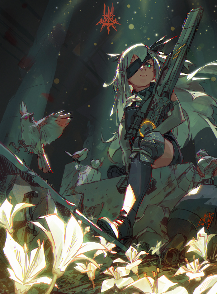 1girl bird black_footwear blue_eyes boots borrowed_character commentary dappled_sunlight english_commentary eyepatch flower gun hair_ribbon knee_boots lily_(flower) long_hair nier_(series) nier_automata one_eye_covered original post-apocalypse ribbon rifle scope signature silver_hair sitting sniper_rifle solo sunlight thigh-highs toni_infante weapon