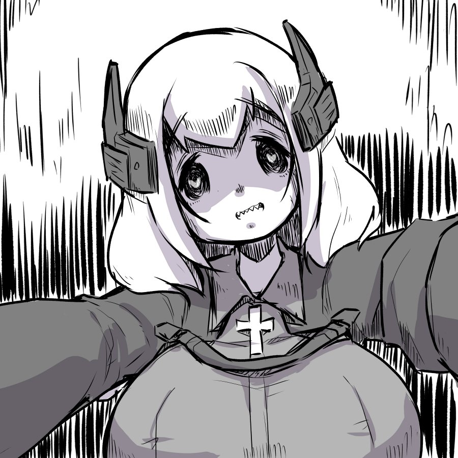 1girl :d azur_lane bangs breasts collared_jacket eyebrows_visible_through_hair greyscale head_tilt headgear heart heart-shaped_pupils large_breasts long_sleeves looking_at_viewer monochrome open_mouth outstretched_arms roon_(azur_lane) sharp_teeth smile solo symbol-shaped_pupils teeth u-non_(annon'an)