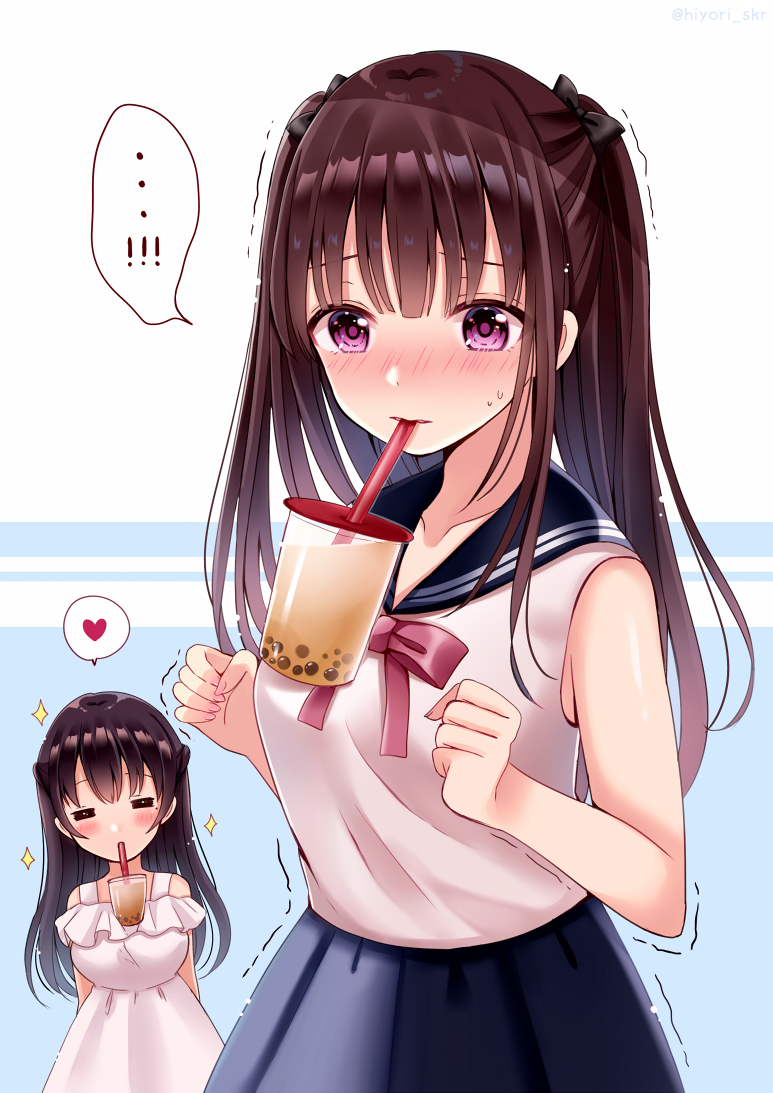 ...! 2girls bare_arms bare_shoulders black_bow black_sailor_collar black_skirt blue_background blush bow breasts brown_hair bubble_tea bubble_tea_challenge closed_eyes commentary_request cup disposable_cup dress drinking_straw hair_bow heart long_hair medium_breasts mouth_hold multiple_girls nose_blush off-shoulder_dress off_shoulder original parted_lips pink_bow pleated_skirt sailor_collar sakura_hiyori shirt skirt sleeveless sleeveless_shirt small_breasts sparkle spoken_heart sweat trembling two-tone_background two_side_up very_long_hair violet_eyes white_background white_dress white_shirt