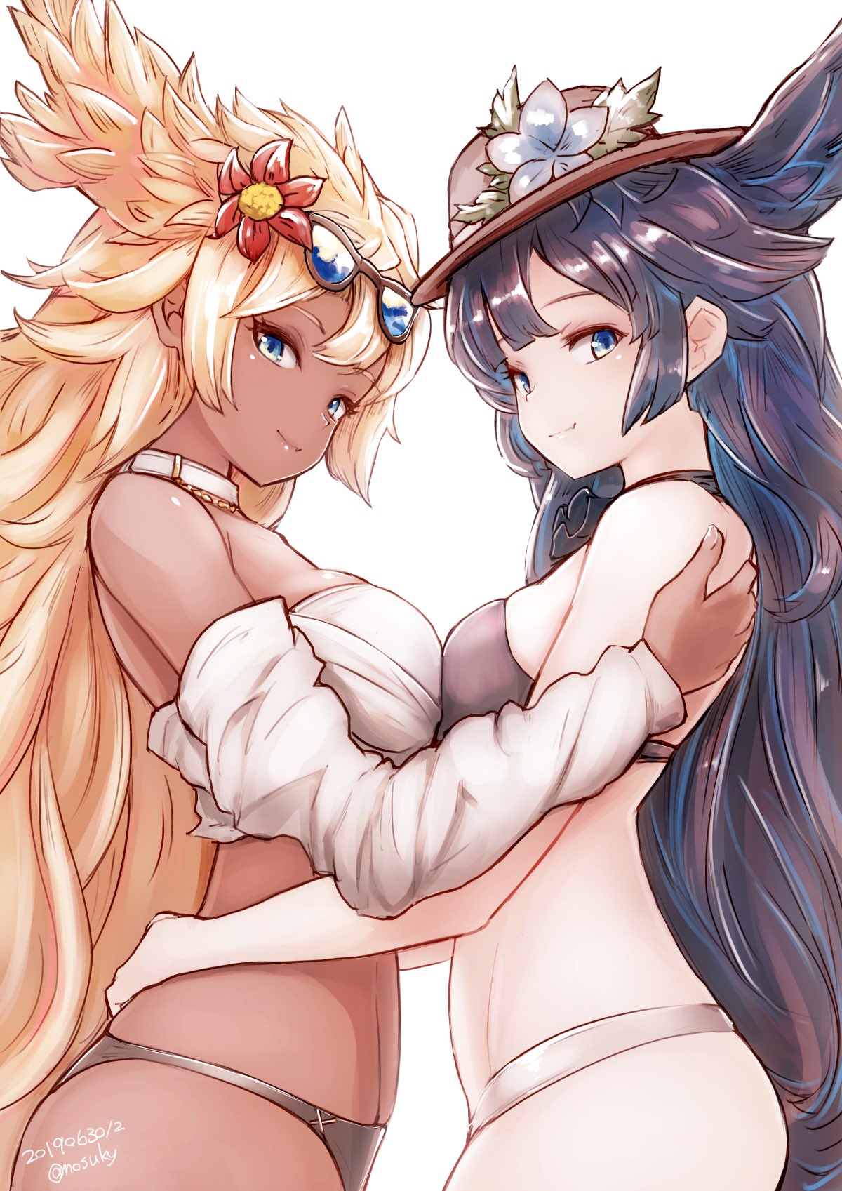 2girls artist_name bangs bare_shoulders bikini black_hair blonde_hair breast_press breasts closed_mouth commentary_request dark_skin dated eyebrows_visible_through_hair eyewear_on_head flower from_side granblue_fantasy hair_flower hair_ornament harut_(granblue_fantasy) hat highres hug long_hair looking_at_viewer marut_(granblue_fantasy) medium_breasts multiple_girls nosuku shiny shiny_hair shiny_skin sidelocks signature simple_background sunglasses swimsuit white_background