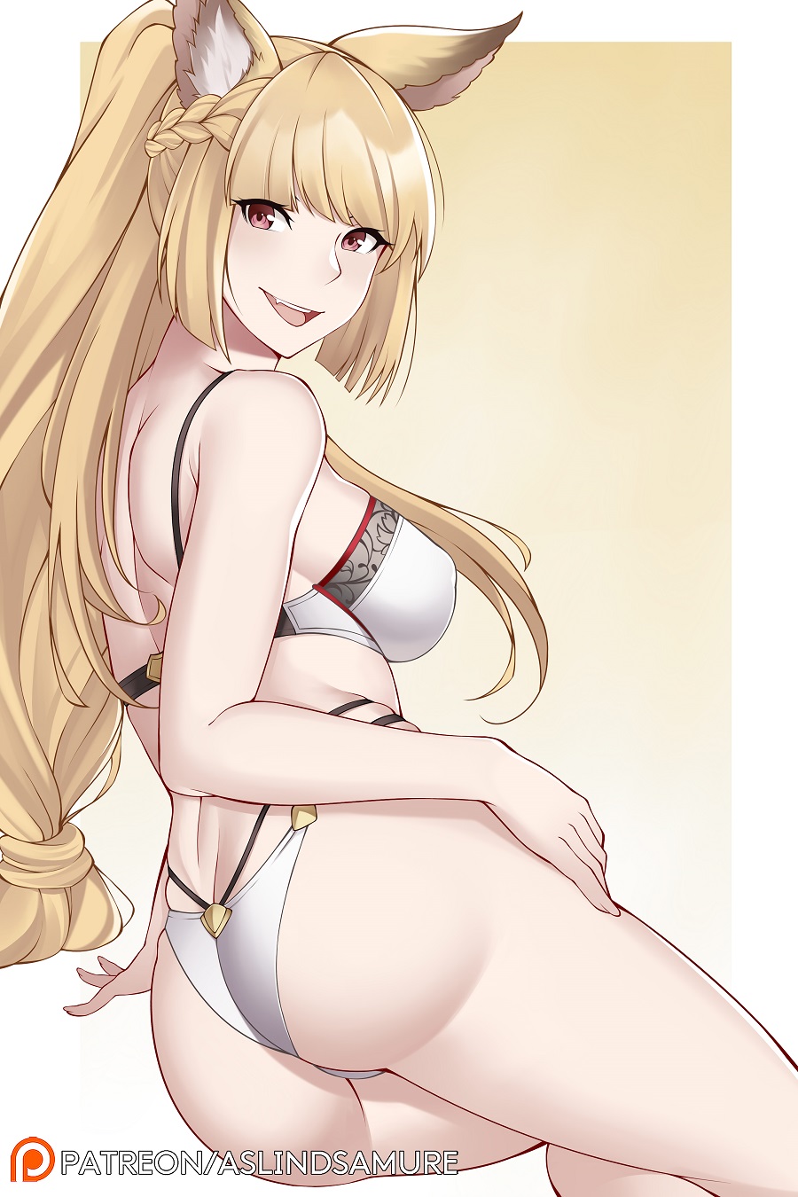 1girl animal_ears aslindsamure ass back bangs bare_shoulders blonde_hair blunt_bangs blush border bra braid breasts erune french_braid gradient gradient_background granblue_fantasy highres large_breasts long_hair looking_at_viewer looking_back open_mouth panties ponytail smile solo thighs underwear very_long_hair white_border white_bra white_panties yellow_background yuisis_(granblue_fantasy)