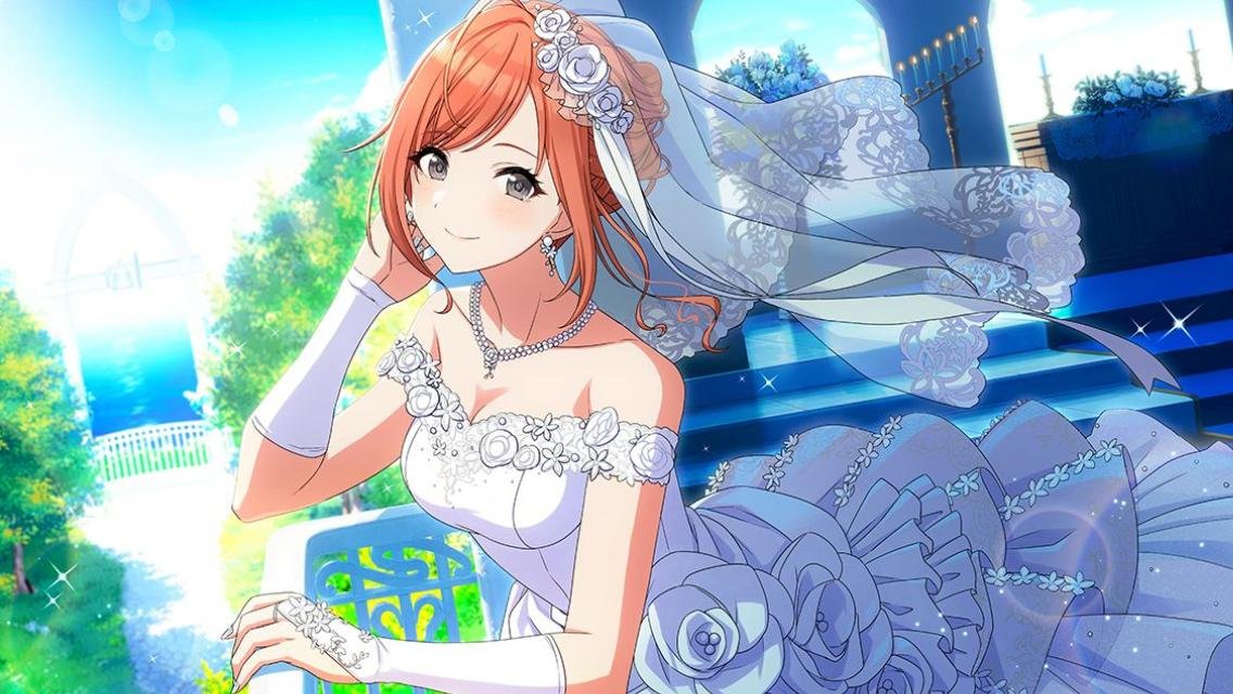 arisugawa_natsuha black_eyes blush dress idolmaster idolmaster_shiny_colors long_hair orange_hair veil wedding