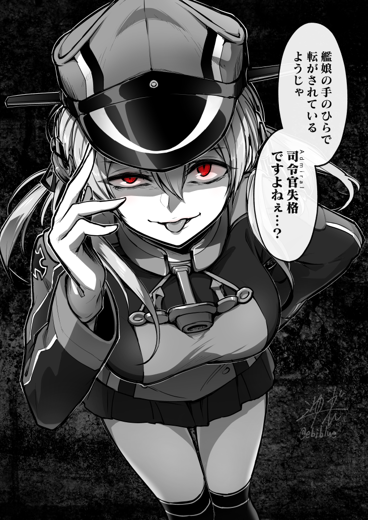 1girl :p anchor_hair_ornament bangs breasts ebiblue gesugao gloves greyscale grin hair_ornament hand_on_hip hand_up hat kantai_collection large_breasts leaning_forward long_hair looking_at_viewer low_twintails military military_uniform miniskirt monochrome open_mouth peaked_cap pleated_skirt prinz_eugen_(kantai_collection) red_eyes school_uniform shaded_face sidelocks skirt smile solo spot_color thigh-highs tongue tongue_out twintails twitter_username uniform