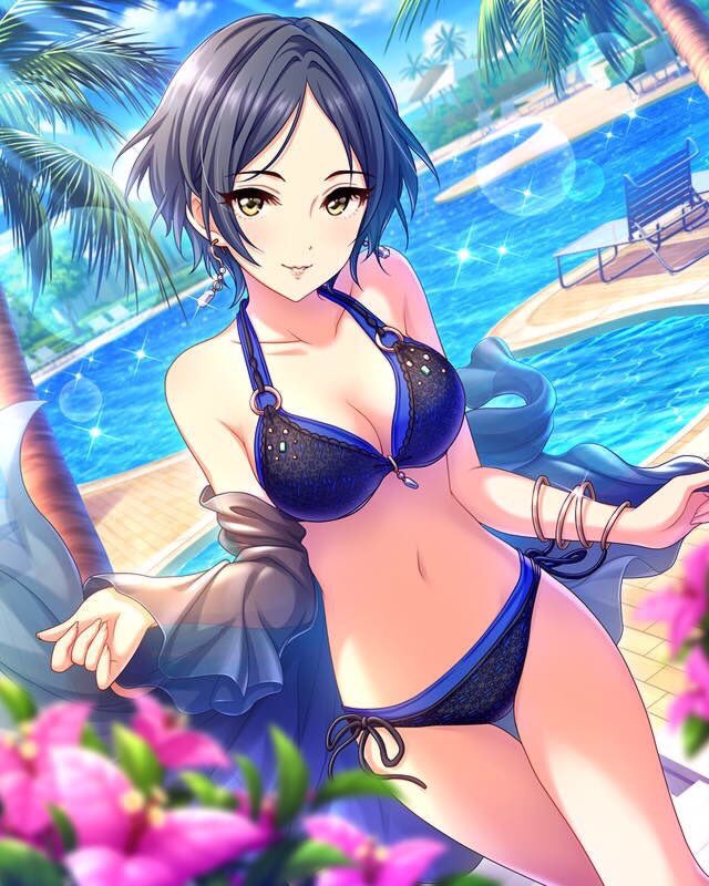 1girl bikini black_hair blurry_foreground bougainvillea_(flower) bracelet clouds deck_chair dutch_angle halter_top halterneck hayami_kanade idolmaster idolmaster_cinderella_girls ilo jewelry lips looking_at_viewer midriff navel palm_tree panties pool short_hair side-tie_panties sparkle swimsuit tree underwear water yellow_eyes