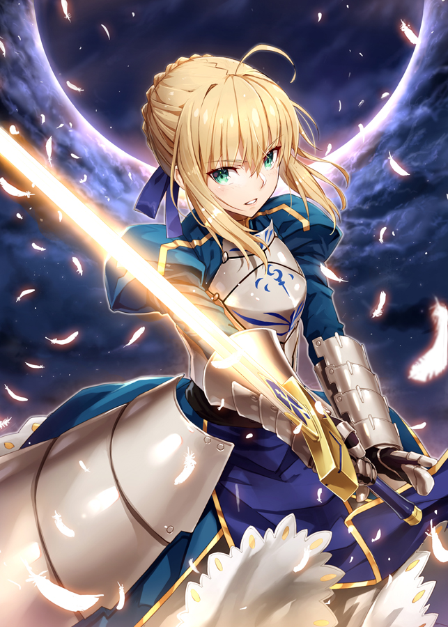 1girl ahoge armor armored_dress artoria_pendragon_(all) blonde_hair blue_ribbon braid breasts commentary_request dress excalibur eyebrows_visible_through_hair fate/stay_night fate_(series) feathers gabiran gauntlets green_eyes hair_between_eyes hair_ribbon holding holding_sword holding_weapon looking_at_viewer puffy_sleeves ribbon saber short_hair solo sword weapon white_feathers