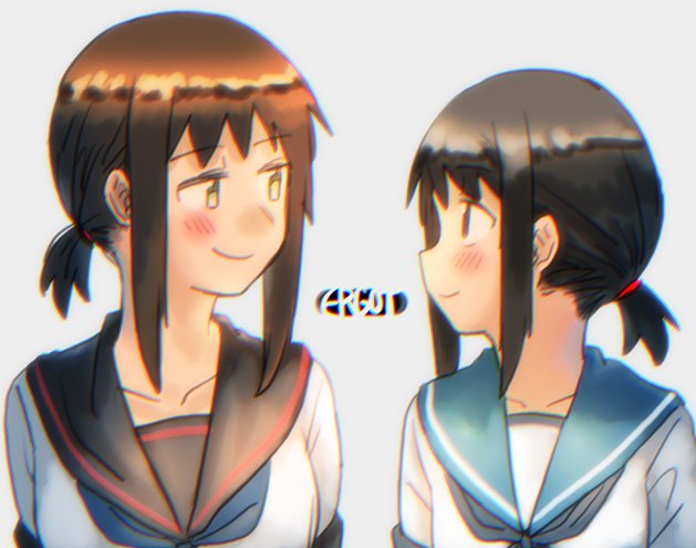 2girls anchor_symbol artist_name black_eyes black_hair black_sailor_collar blue_sailor_collar brown_eyes brown_hair commentary dual_persona ergot fubuki_(kantai_collection) grey_background kantai_collection low_ponytail multiple_girls ponytail remodel_(kantai_collection) sailor_collar school_uniform serafuku short_hair short_ponytail sidelocks simple_background upper_body