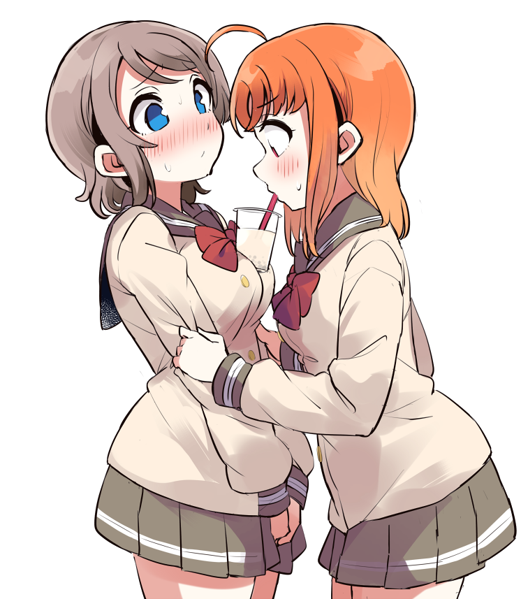 2girls ahoge blue_eyes blush bow bowtie breasts brown_hair bubble_tea bubble_tea_challenge drinking drinking_straw drinking_straw_in_mouth grey_skirt long_sleeves looking_at_another love_live! love_live!_sunshine!! multiple_girls orange_hair pleated_skirt red_eyes red_neckwear school_uniform short_hair simple_background skirt takami_chika totoki86 watanabe_you white_background yuri