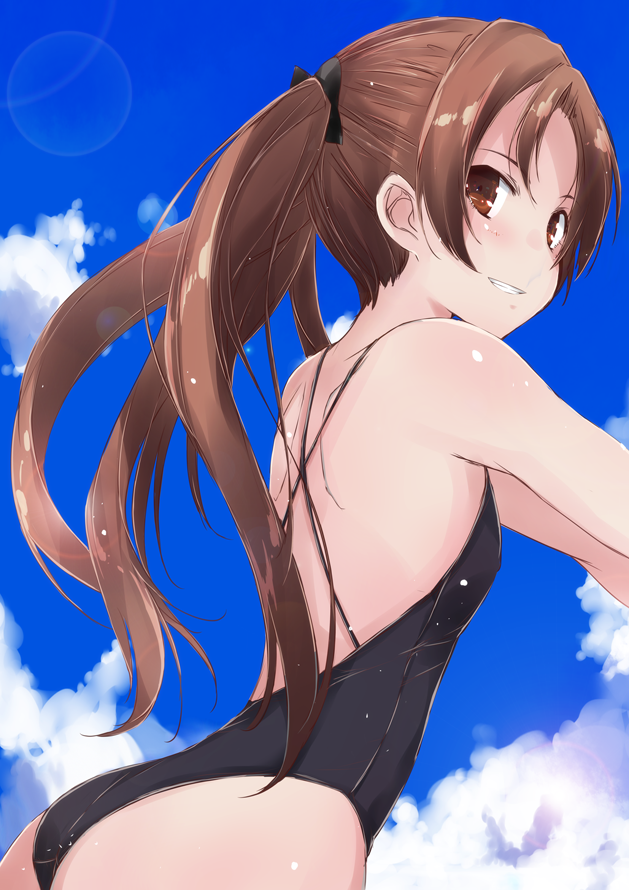 1girl ass black_swimsuit blue_sky brown_eyes brown_hair casual_one-piece_swimsuit clouds commentary_request cowboy_shot flat_chest girls_und_panzer kadotani_anzu lens_flare long_hair looking_at_viewer one-piece_swimsuit parted_lips sky smile solo swimsuit twintails yumesato_makura