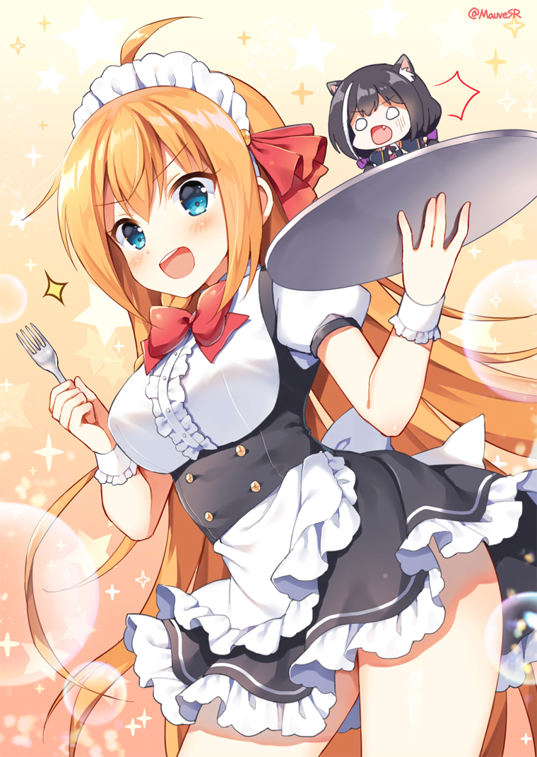 2girls :d alternate_costume animal_ear_fluff animal_ears apron bangs black_hair black_skirt blue_eyes blush bow breasts brown_background brown_hair cat_ears center_frills commentary_request contrapposto enmaided eyebrows_visible_through_hair fang fork frilled_apron frilled_skirt frills hair_between_eyes hair_bow hair_ribbon holding holding_fork holding_tray kyaru_(princess_connect) long_hair looking_at_viewer low_twintails maid mauve medium_breasts minigirl multicolored_hair multiple_girls o_o open_mouth pecorine princess_connect! princess_connect!_re:dive puffy_short_sleeves puffy_sleeves purple_bow red_ribbon ribbon round_teeth shirt short_sleeves skirt smile sparkle star starry_background streaked_hair teeth tray twintails twitter_username upper_teeth v-shaped_eyebrows very_long_hair waist_apron white_apron white_hair white_shirt wrist_cuffs