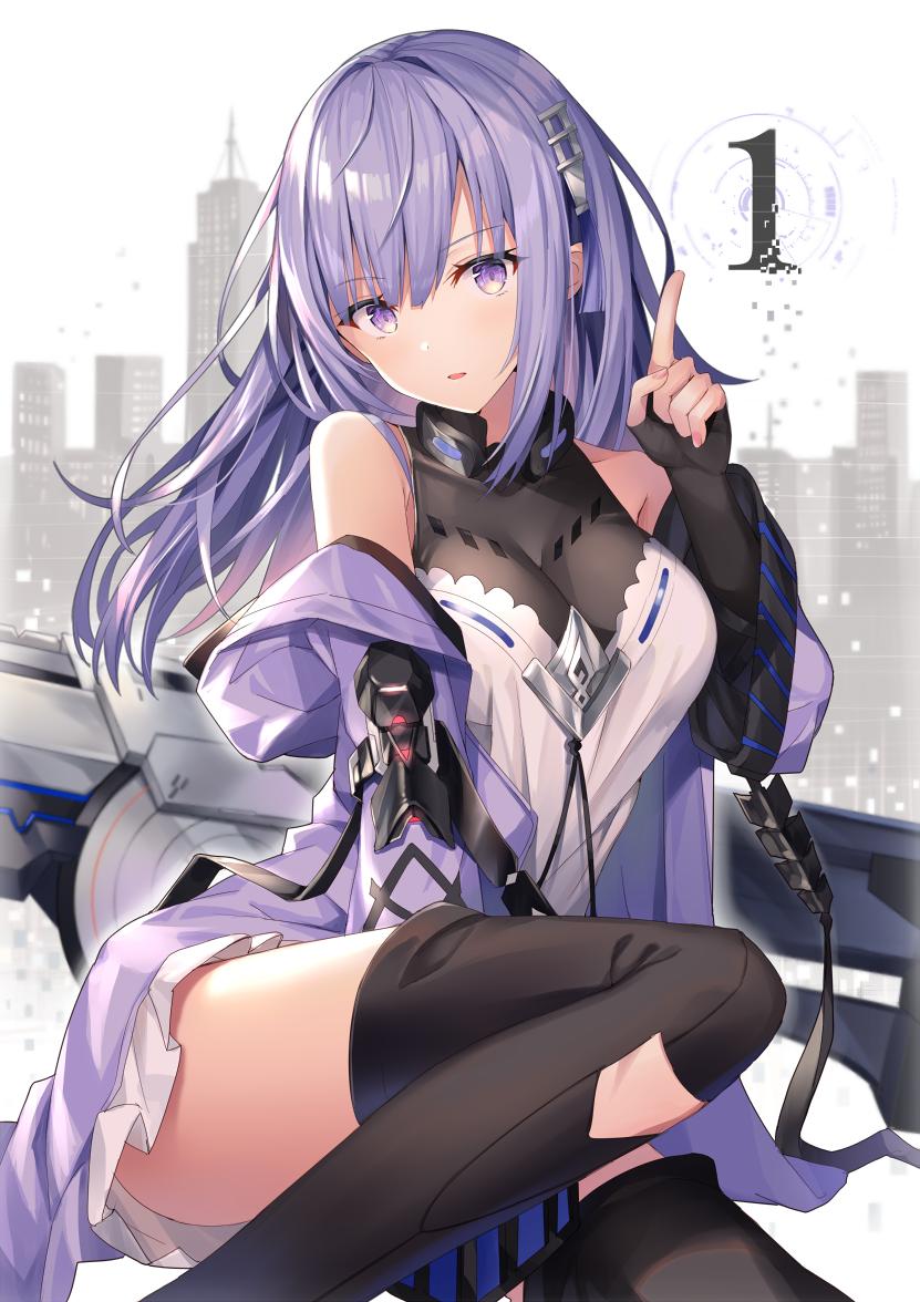 1girl bangs blush boots breasts dress flower hair_flower hair_ornament head_tilt index_finger_raised iron_saga jacket long_hair long_sleeves looking_at_viewer official_art open_clothes open_mouth rin_yuu short_dress sidelocks sitting solo teresa_(iron_saga) thigh-highs violet_eyes weapon white_dress yokozuwari