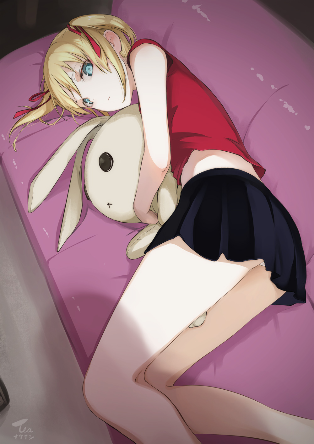 1girl artist_name bare_arms bare_legs black_skirt blonde_hair blue_eyes closed_mouth couch doll_hug expressionless hair_ribbon highres long_hair looking_at_viewer lying midriff miniskirt on_couch on_side original panties panty_peek red_ribbon red_shirt ribbon shadow shirt short_sleeves sidelocks skirt solo stuffed_animal stuffed_bunny stuffed_toy tea_(nakenashi) thighs twintails underwear white_panties