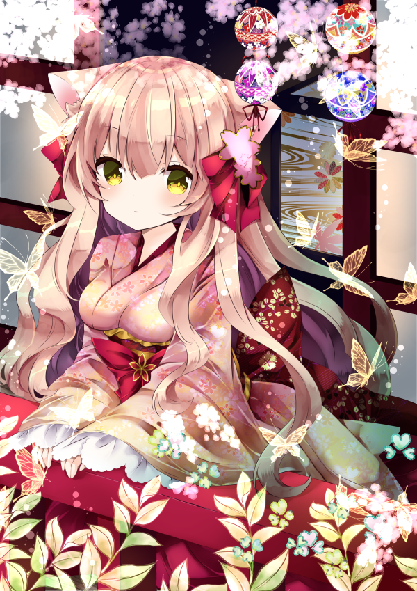 1girl animal_ear_fluff animal_ears bangs blush bow breasts brown_hair bug butterfly cat_ears closed_mouth commentary_request eyebrows_visible_through_hair floral_print flower hair_between_eyes hair_bow hair_flower hair_ornament insect japanese_clothes kimono long_hair long_sleeves looking_at_viewer medium_breasts nanase_kureha nanase_nao obi original pink_flower pink_kimono print_kimono railing red_bow sash sleeves_past_wrists solo very_long_hair wide_sleeves yellow_eyes